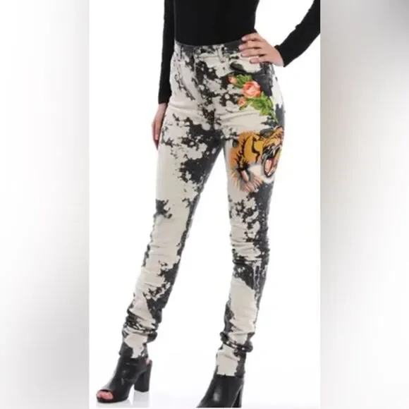 Gucci Tiger Flower Embroidery Bleach Denim Women's High Waist Skinny Jeans 25
